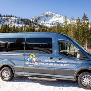 Blue transport van in snowy landscape.