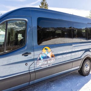 Blue transport van in snowy landscape.